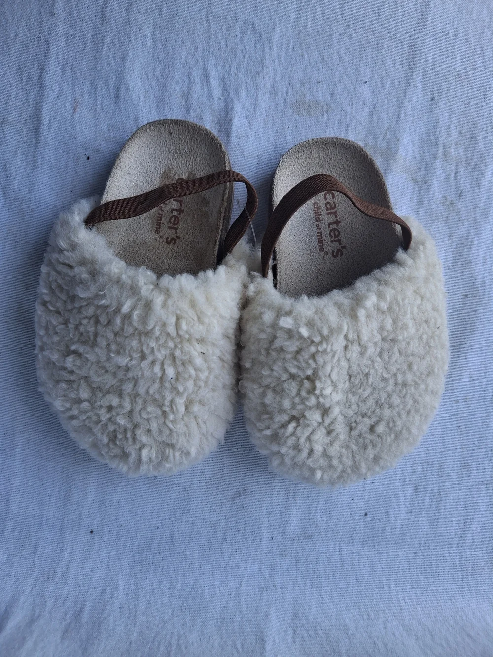 Carter's Cream Shearling-Style Kids Slip-On Sandals with Brown Strap